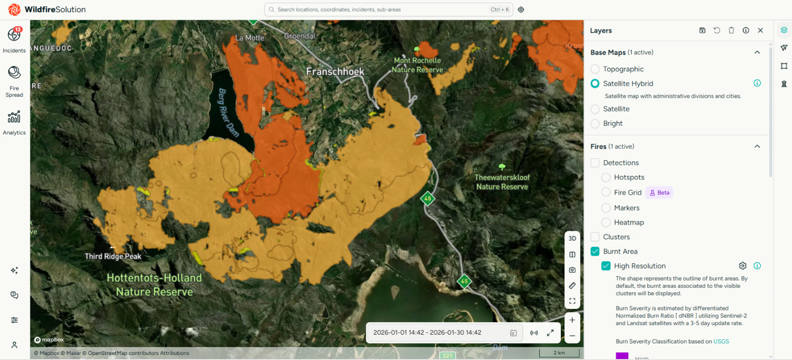 Burn scar outlines over the Franschhoek valley, shaded by severity class